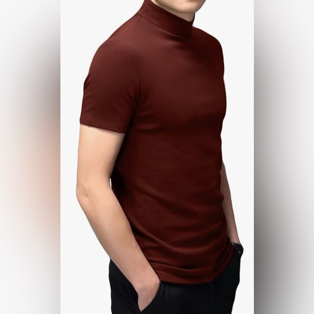 Mens T Shirt Short Sleeve Basic Mock/Turtleneck Slim Fit Undershirt in Wine Red - Picture 2 of 5
